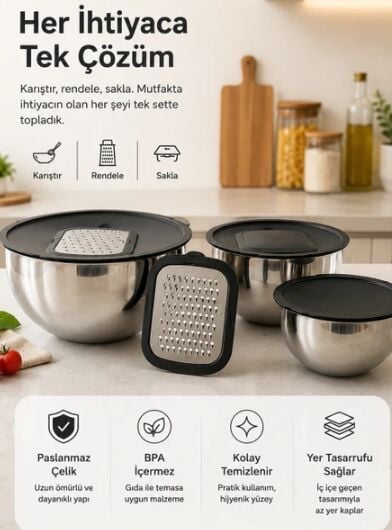 Boyraz 3’lü Paslanmaz Çelik Karıştırma Kabı Seti Rende Aparatlı Kapaklı 16-20-24 cm | Çelik Hazırlık ve Salata Kabı