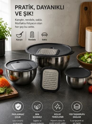 Boyraz 3’lü Paslanmaz Çelik Karıştırma Kabı Seti Rende Aparatlı Kapaklı 16-20-24 cm | Çelik Hazırlık ve Salata Kabı