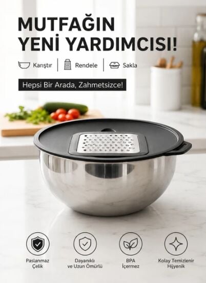 Boyraz 3’lü Paslanmaz Çelik Karıştırma Kabı Seti Rende Aparatlı Kapaklı 16-20-24 cm | Çelik Hazırlık ve Salata Kabı