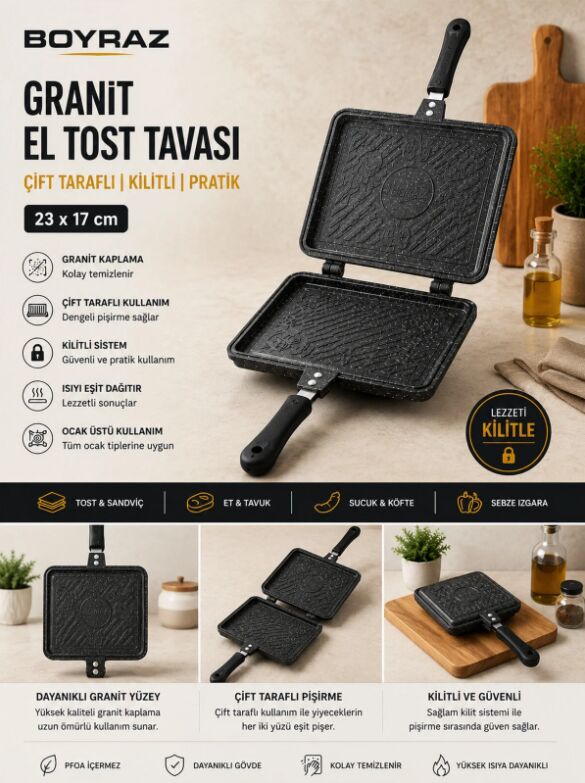 BOYRAZ GRANİT ÇİFT TARAFLI EL TOST TAVASI