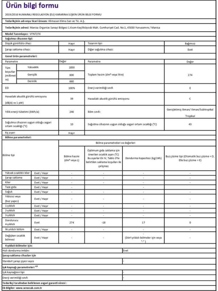 ŞENOCAK VFN-7274 7 ÇEKMECELİ DERİNDONDURUCU-NO FRO