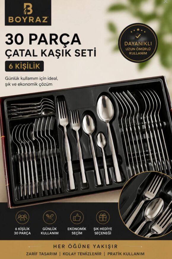 BOYRAZ 30 PARÇA SADE ÇATAL KAŞIK SETİ