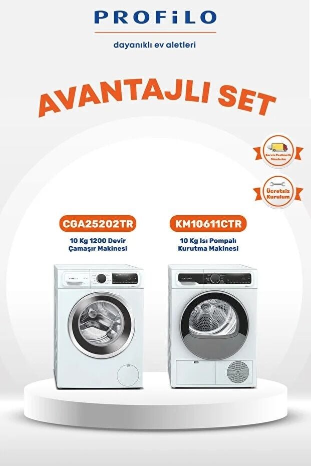 Profilo 2Li 10 Kg Set Çamaşır Makinesi( CGA25202TR ) + Kurutma Makinesi( KM10611CTR )