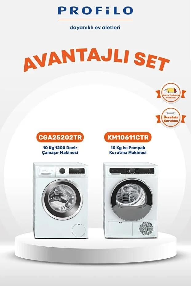 Profilo 2Li 10 Kg Set Çamaşır Makinesi( CGA25202TR ) + Kurutma Makinesi( KM10611CTR ) Tüm TÜRKİYE Gönderimi