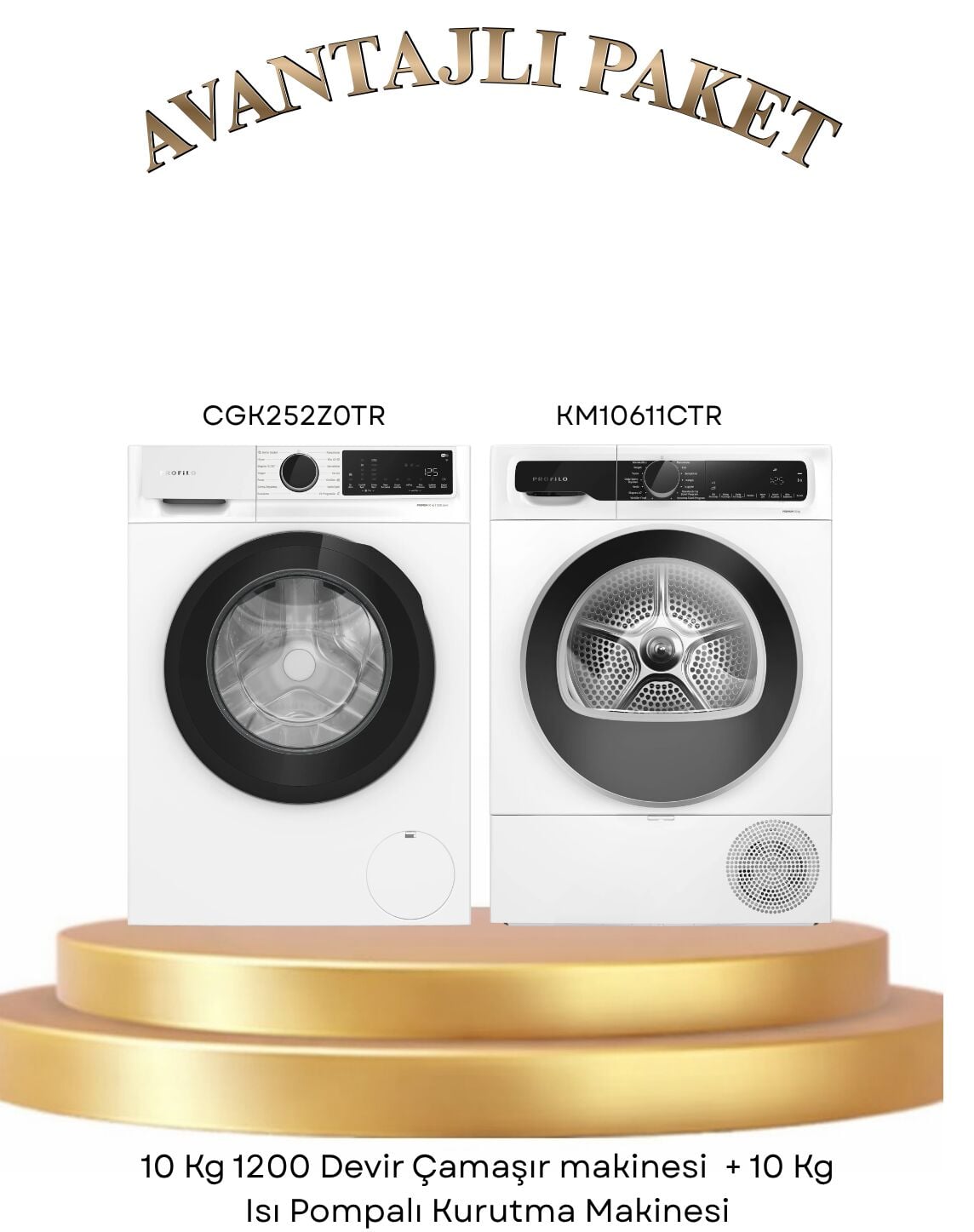 Profilo 2 Li Set 10 kg 1200 Devir Çamaşır Makinesi CGK252Z0TR + 10 kg Isı Pompalı Kurutma Makinesi KM10611CTR