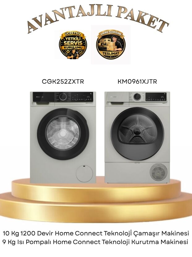 Profilo 2 Li Set 10 kg 1200 Devir Çamaşır Makinesi + 9 kg Isı Pompalı Kurutma Makinesi HomeConnect Teknoloji Gümüş Ekstra Sessiz Motor
